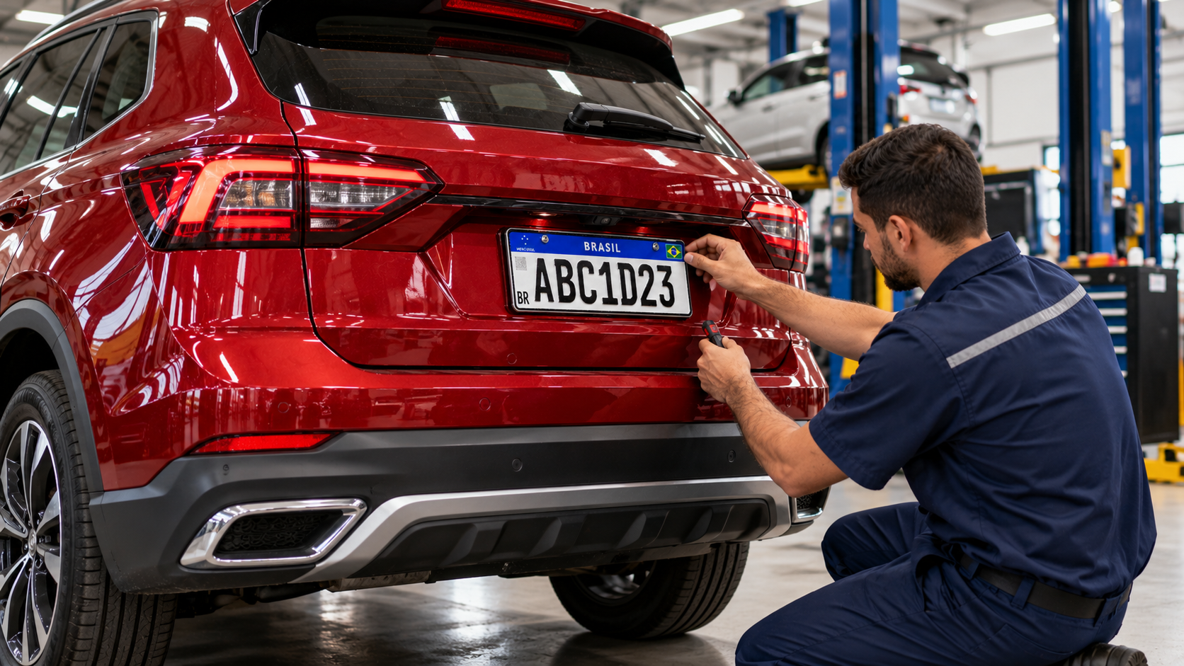 Profissional instalando uma placa Mercosul na traseira de um carro vermelho
