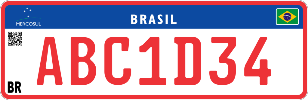 Placa Mercosul da categoria Comercial, com caracteres na cor vermelha