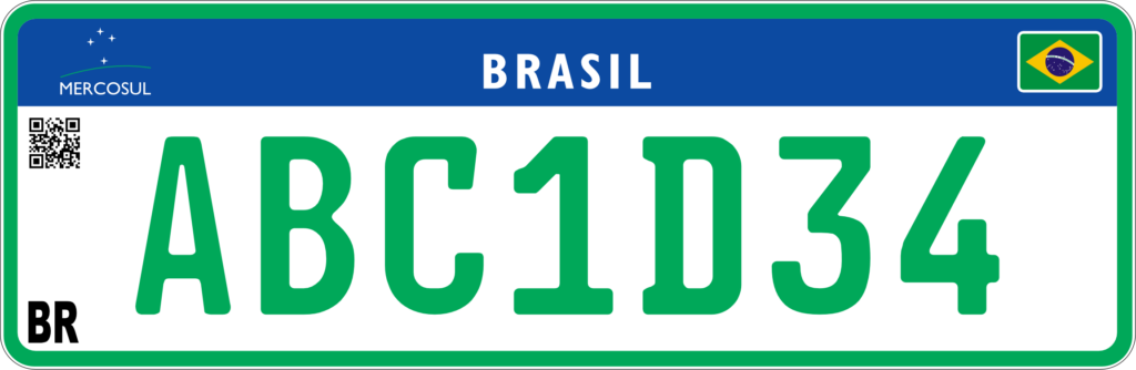 Placa Mercosul da categoria Especial, com caracteres na cor verde